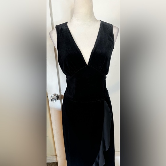 Vintage 90’s Connected Velvet Ruffle Hem Cocktail Dress Midi Plunging Neck noir - Picture 12 of 16